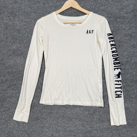 Abercrombie & Fitch Tops - Y2K Abercrombie & Fitch Small T-Shirt White Cotton Logo Crew Neck Long Sleeves